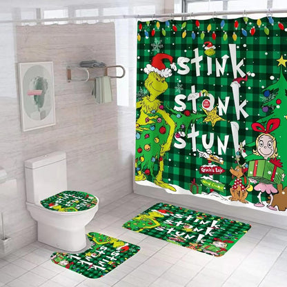 4 Pcs Christmas Shower Curtain Sets with Non-Slip Rugs, Toilet Lid Cover and Non-Slip U Shape Bath Mat, Christmas Bathroom Decor with 12 Hooks Xmas Holiday Home Decor(Green)