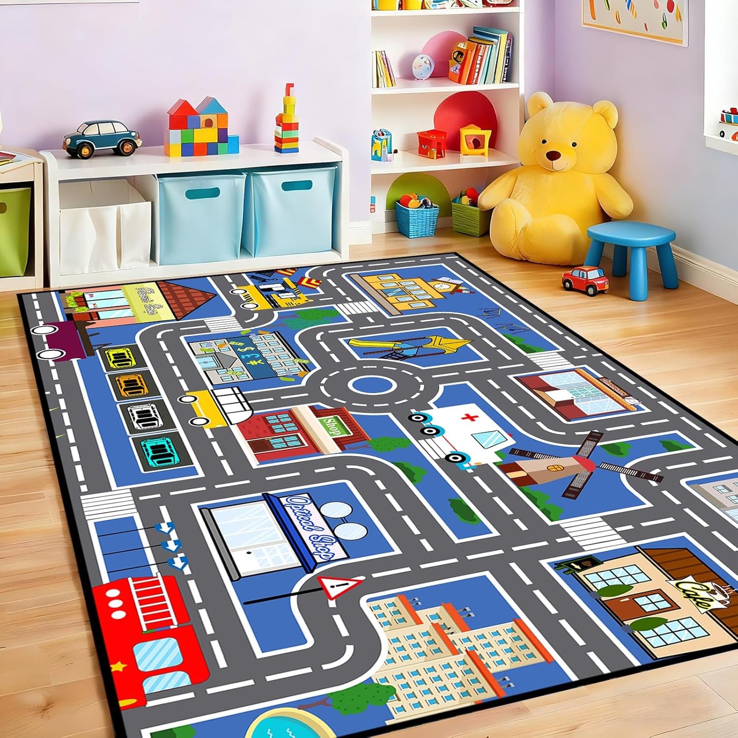 3'5' Car Track Rug Blue Road Rug for Kids, Car Traffic Road Play Mat for Kids Room Bedroom Decor