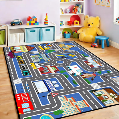 3'5' Car Track Rug Blue Road Rug for Kids, Car Traffic Road Play Mat for Kids Room Bedroom Decor