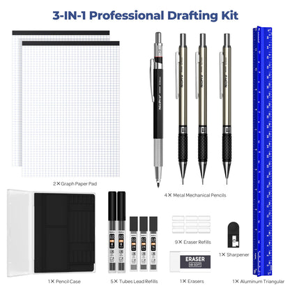 Nicpro 16PCS Drafting Tools with 12‘’ Aluminum Architectural Scale Ruler, Mechanical Pencils 0.5, 0.7, 0.9 & 2mm, Lead Refills, 2 Pack Graph Paper, Geometry Drawing Kit for Engineers Students Design