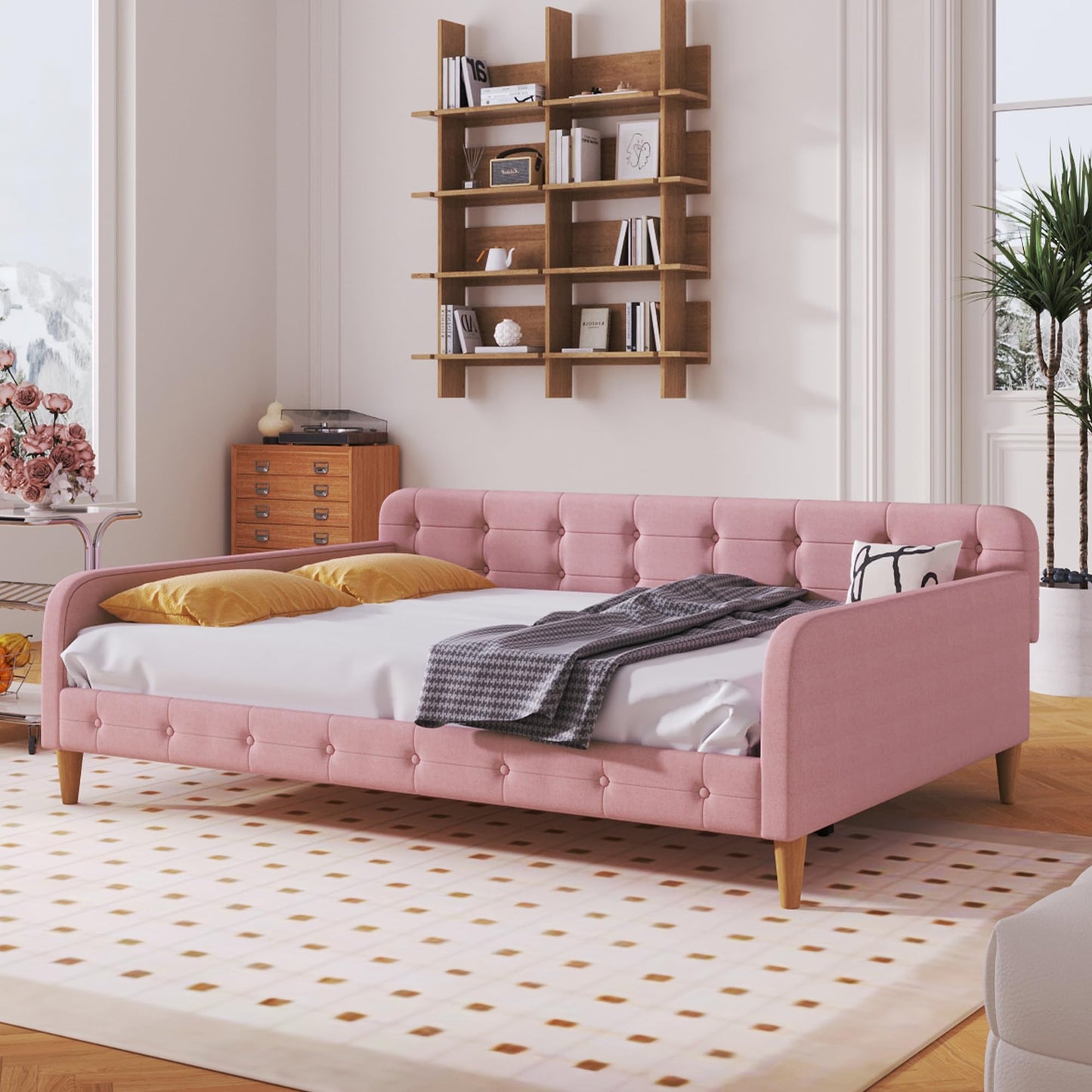 GDFStudio Full Size Upholstered Daybed with Support Legs, Linen Sofa Bed Frame with Button Tufted Sides, Wood Slat Support, No Box Spring Required, Modern Guest Bed for Bedroom or Living Room, Pink