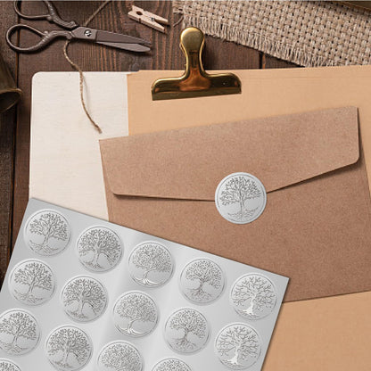 CRASPIRE 600Pcs Tree of Life Silver Foil Envelopes Stickers 1.5" 5 Style Embossed Certificate Seals Self Adhesive Sticker Decor Labels for Award Office Wedding Invitation Graduation Gift Packing