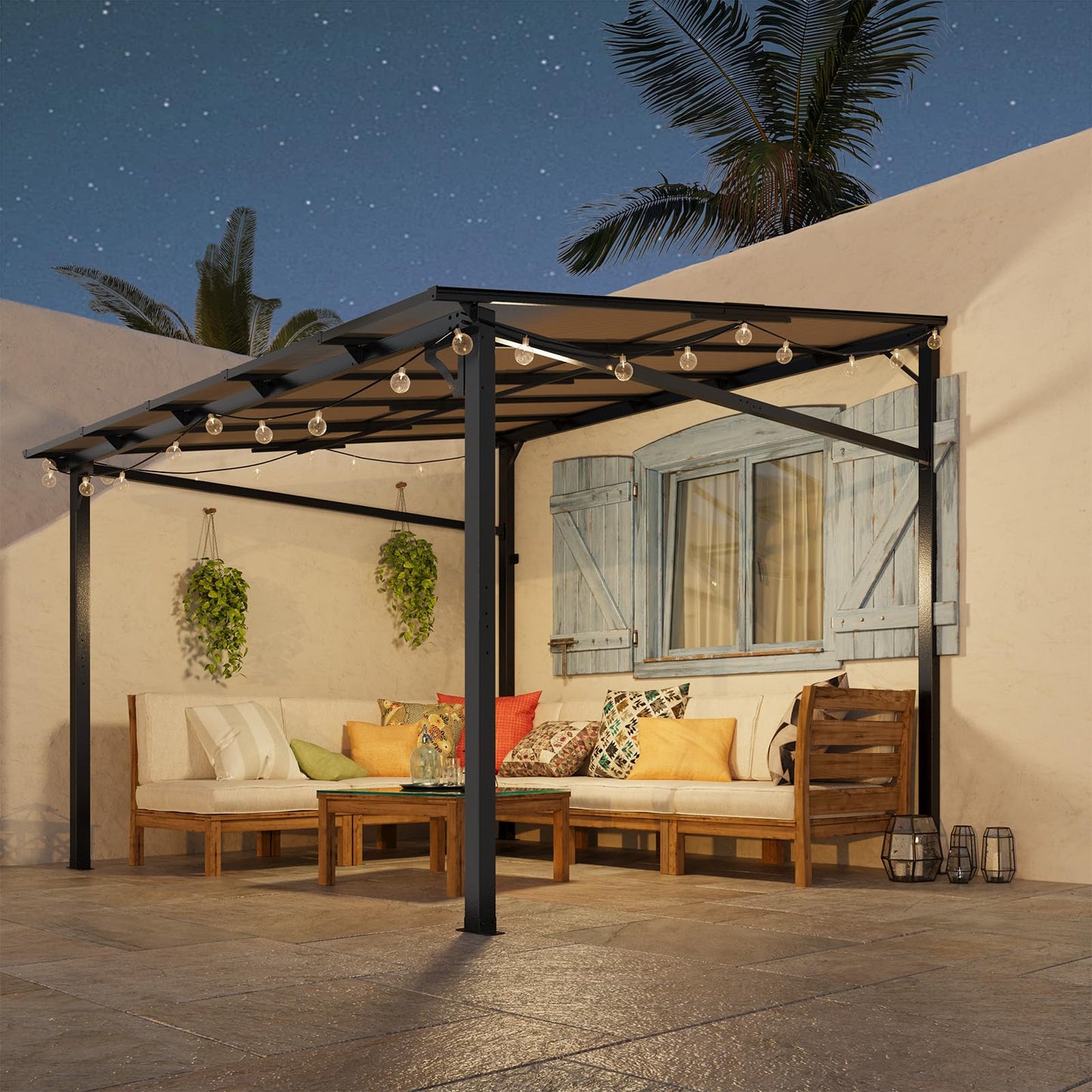 10 x 10 ft Sloped Patio Awning Gazebo, 4-Post Hardtop Pavilion with PC Polycarbonate Roof, Waterproof UV Resistant Outdoor Shade Shelter for Patio, Backyard, Garden and Lawn Activities
