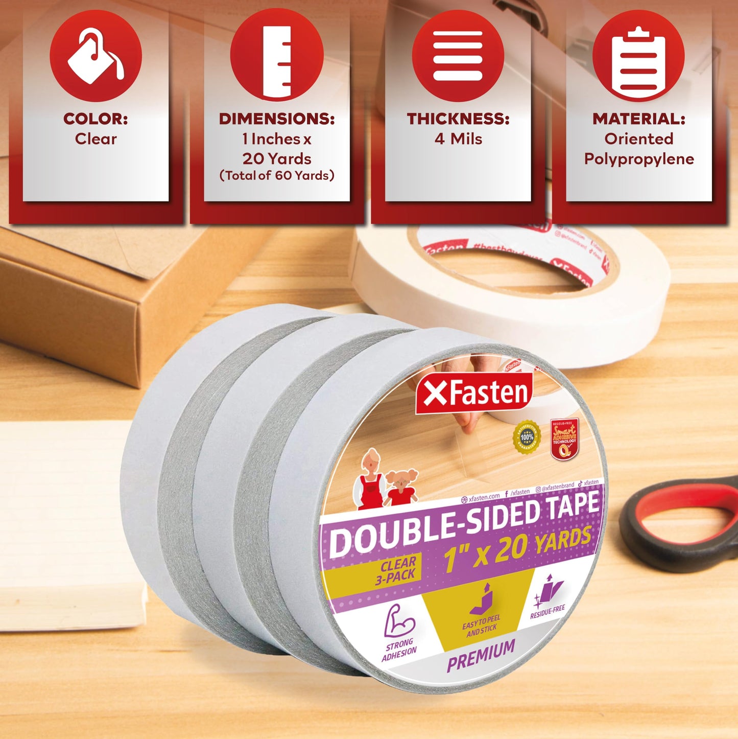 XFasten Double Sided Tape Clear, Removable, 1-Inch by 20-Yards, Pack of 3 Ideal as a Gift Wrap Tape, Holding Carpets, and Woodworking