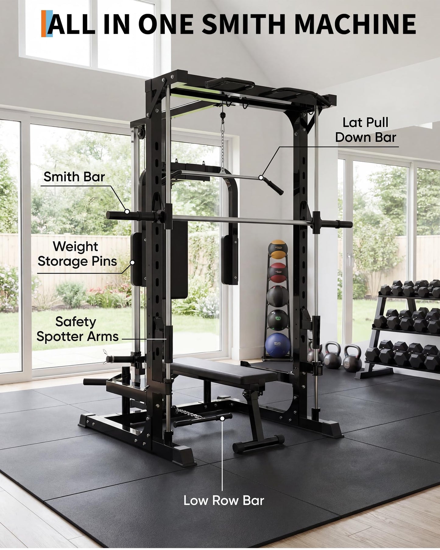 Garvee Smith Machine with Bench, Heavy Duty Power Cage Squat Rack with Smith Bar, LAT Pulldown System, Chest Station & More Training Attachment, Home Gym Equipment for Strengthen Training