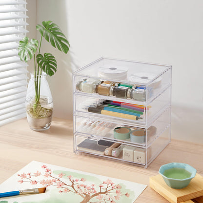 STORi Stackable Desk Drawer Organizer, Clear Pen Pencil Makeup Brush Holder for Desktops and Vanities, 4 Wide Drawers (Made in USA)