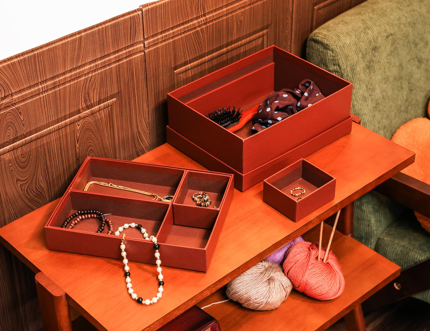 MIZFRUZZY Brown Textured Storage Box with Removable Dividers - Multi-Compartment Organizer for Jewelry, Sewing Supplies, Paperboard Keepsake box Set, Home Decor, Table Decor