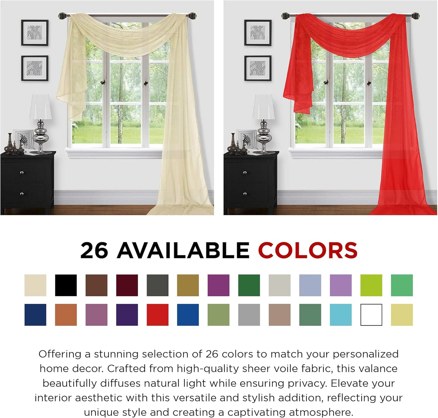 Sapphire Home Window Scarf Valance Curtains, Extra Long Sheer Valances for Living Room, Kitchen, Bedroom, 37" x 216" -