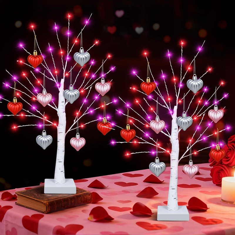 [Timer] Valentines Day Decorations Indoor 2 Pack 24 Inch Valentines Tree with 65 Red & Pink Lights 18 Hearts, USB & Battery Operated Valentines Decor, Valentines Day Decorations for Home Table Bedroom