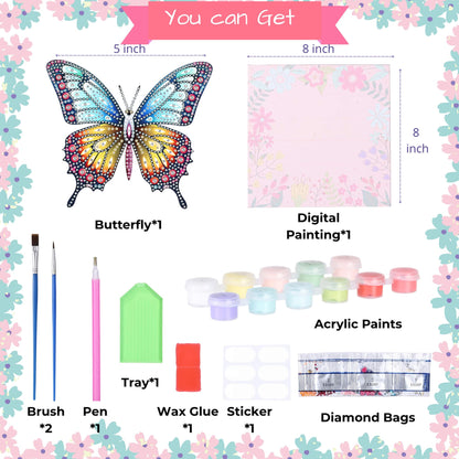 SOLDAY 2-in-1 Butterfly Diamond Painting & Paint by Number Kit for Kids and Beginners, Birthday Gifts for Age 6 7 8 9 10 Girls, DIY Gem Crafts Butterfly Kit with Plastic Easels for Home Decor