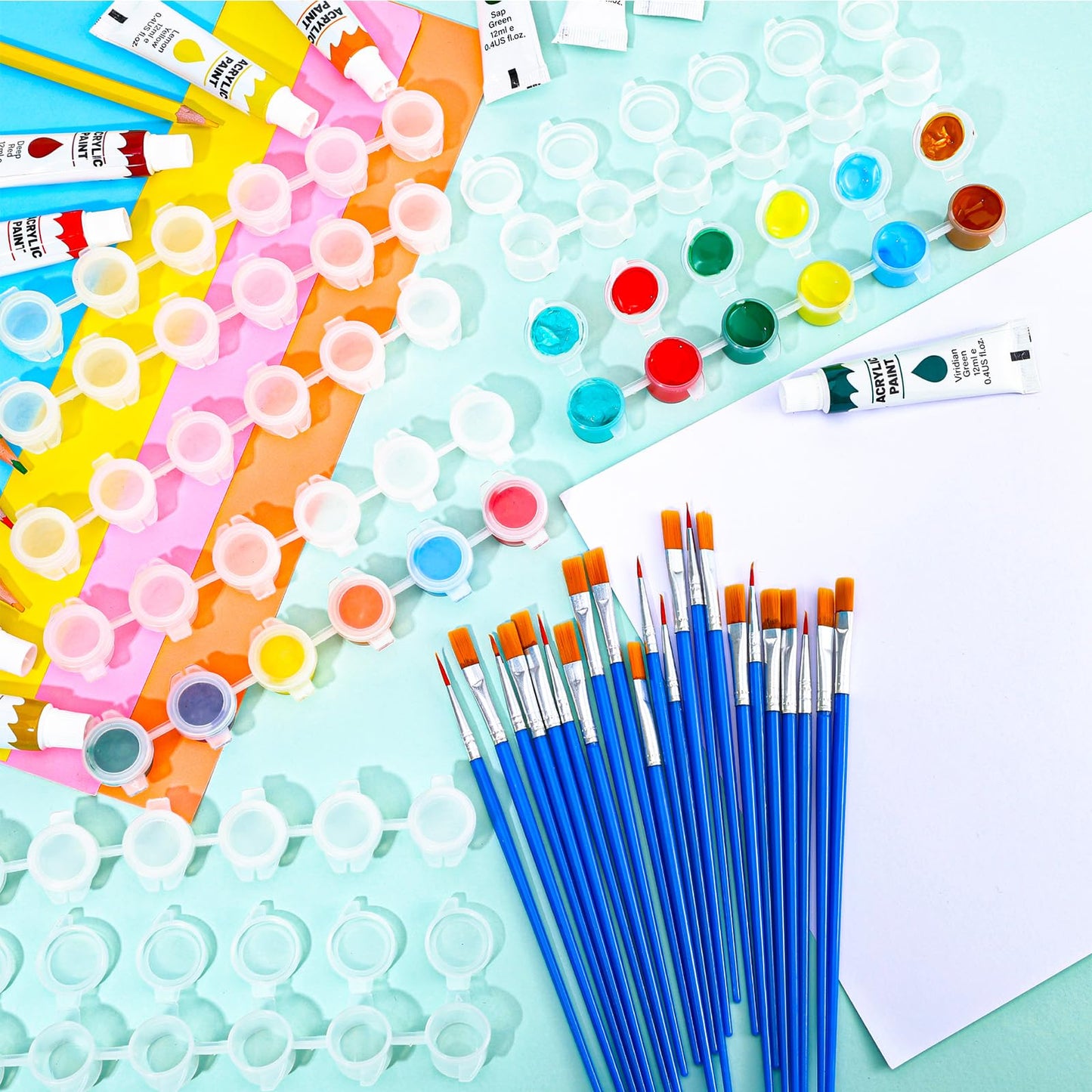 40 Strips Empty Paint Pot and 80 Pcs Paint Brushes 3 ml Mini Acrylic Paint Container with Lid Arts Crafts Supplies for Classrooms School Painting