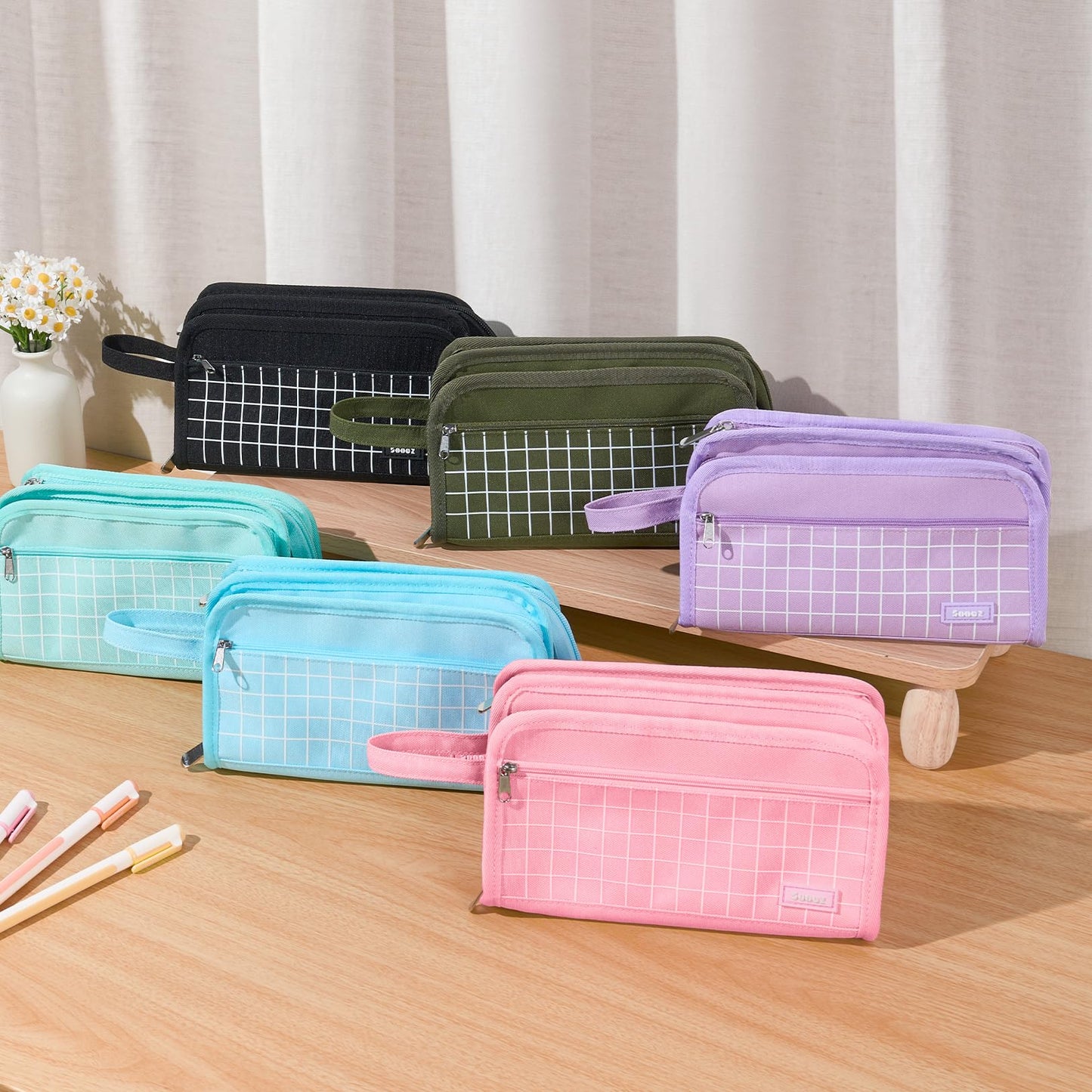 Sooez Large Pencil Case, Big Capacity Pencil Pouch Pen Bag with 3 Compartment, Portable Canvas Stationery Organizer with Zipper, Cute Aesthetic School Supplies for Teen Girls College, Black with Plaid
