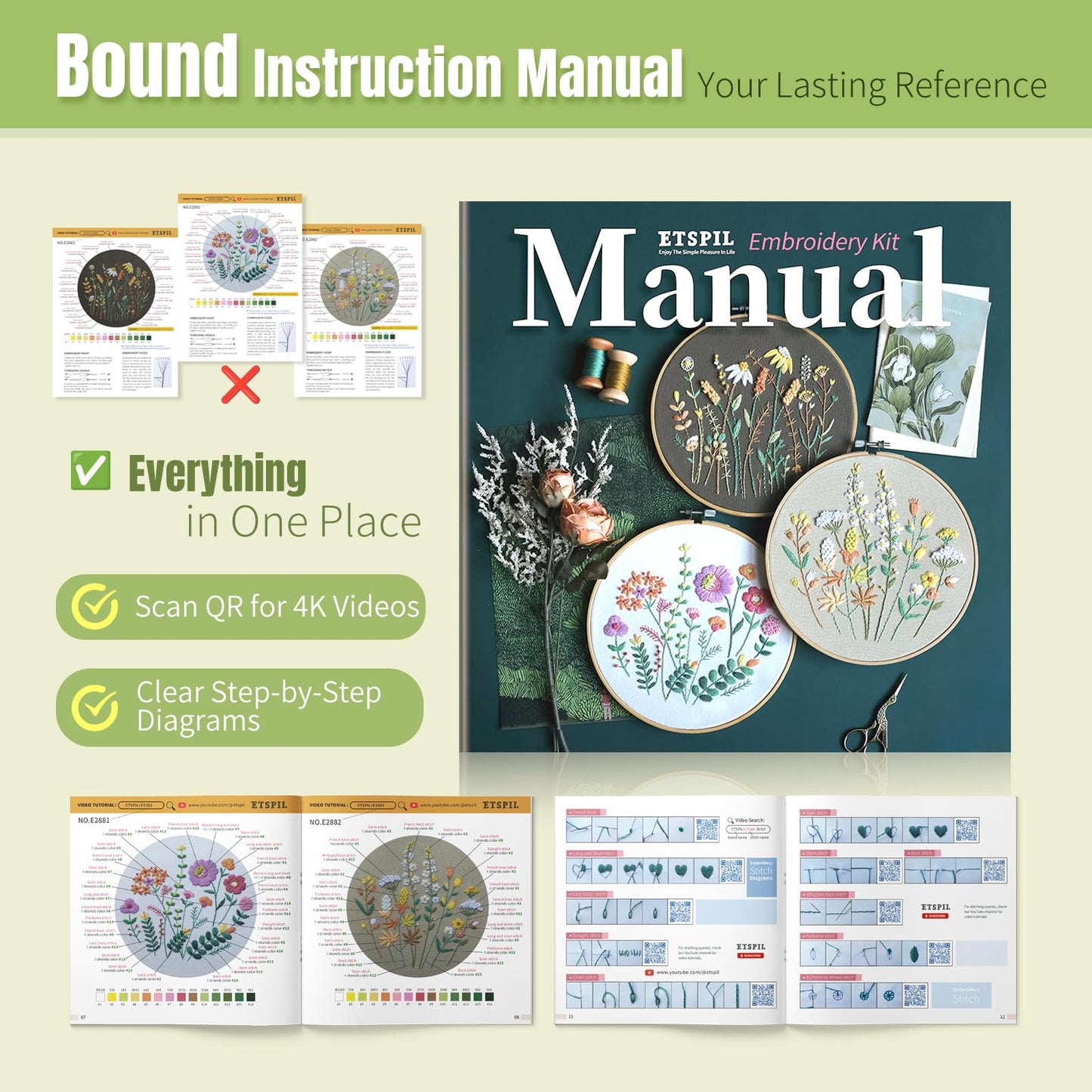 ETSPIL Beginner Embroidery Kit for Adults, 4K HD Video Tutorials, Pre-Printed Botanical Floral Designs, Essential Stitches & Bound Guide, Relaxing Screen-Free Activity for Women at Home
