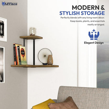 AdVinco Set 2 Rustic Brown Floating Shelves of with Corner Shelf Wood Wall Mounted Shelves for Kitchen, Bathroom