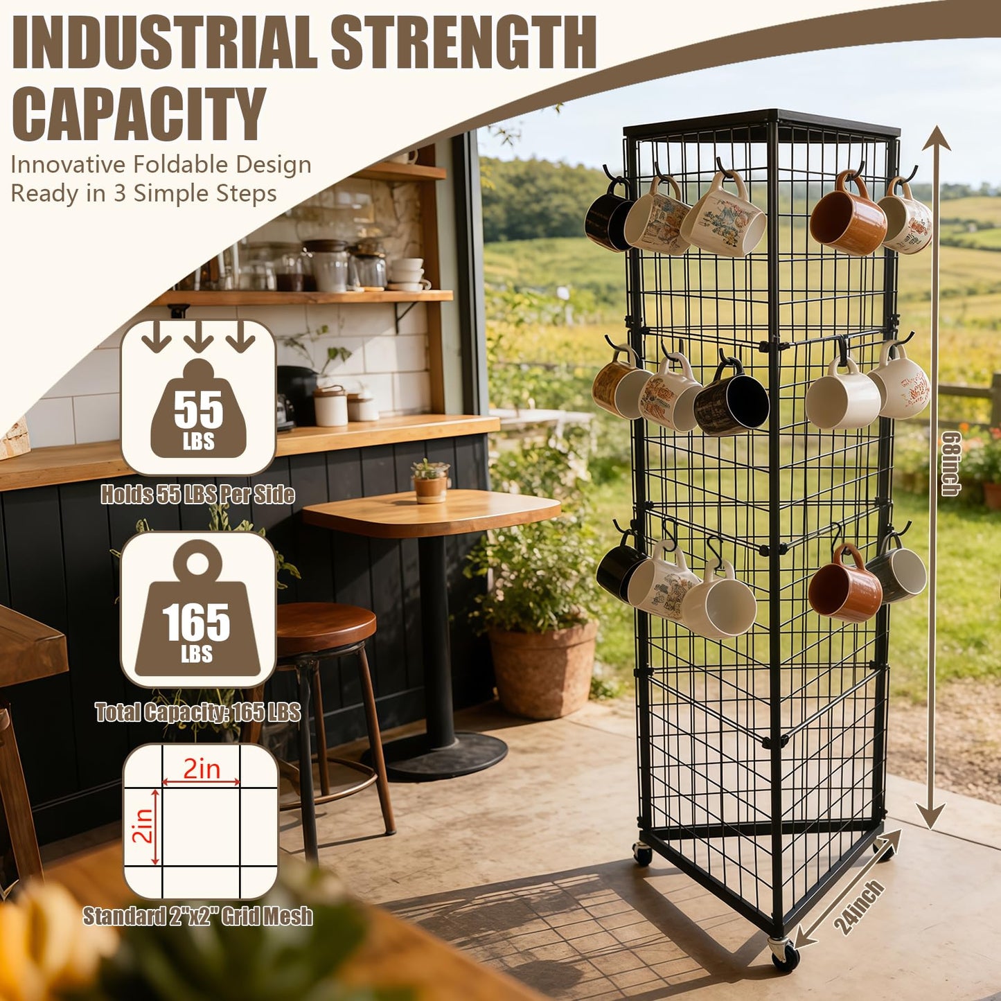 MEIHAOME Grid Wall Panels Foldable Gridwall Display Stand 3-Sided Triangular with Wheels, Rolling Wire Grid Tower for Craft Show, Retail & Vendor Event(24" x 68")