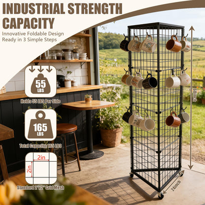 MEIHAOME Grid Wall Panels Foldable Gridwall Display Stand 3-Sided Triangular with Wheels, Rolling Wire Grid Tower for Craft Show, Retail & Vendor Event(24" x 68")