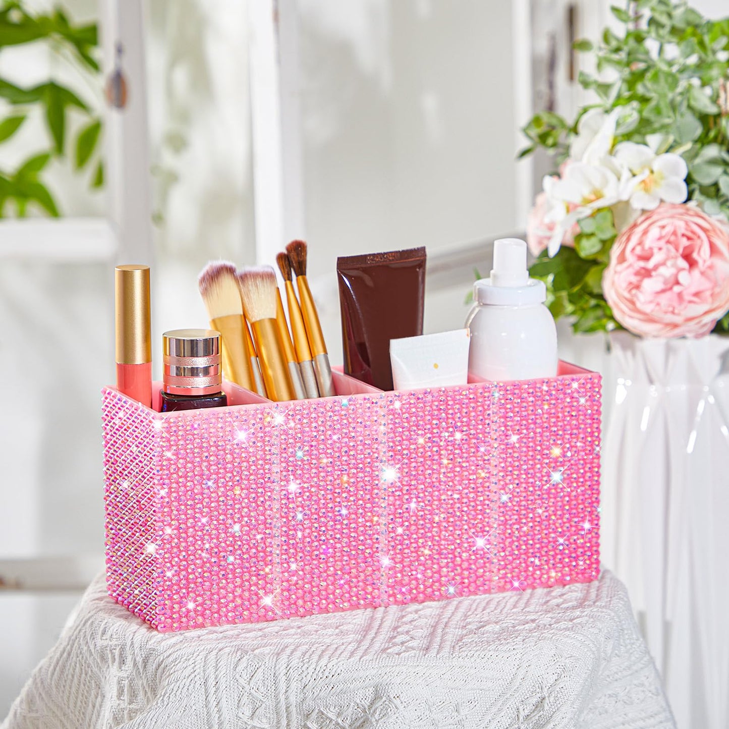 Resholder Bling Desk Organizer for Women, Rhinestone Pen Makeup Brush Holder, Girly Desk Accessories Organizer for Office Classroom Elevate Your Workspace with Serenity(Rhinestone,Pink)