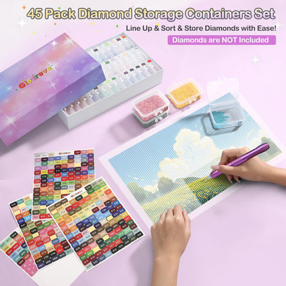 Glotrove Diamond Art Storage Containers Trays, 45pcs Diamond Painting Trays with Lids, 2-in-1 Beads, Gems & Drills Storage and Line-Up Accessories for Diamond Painting