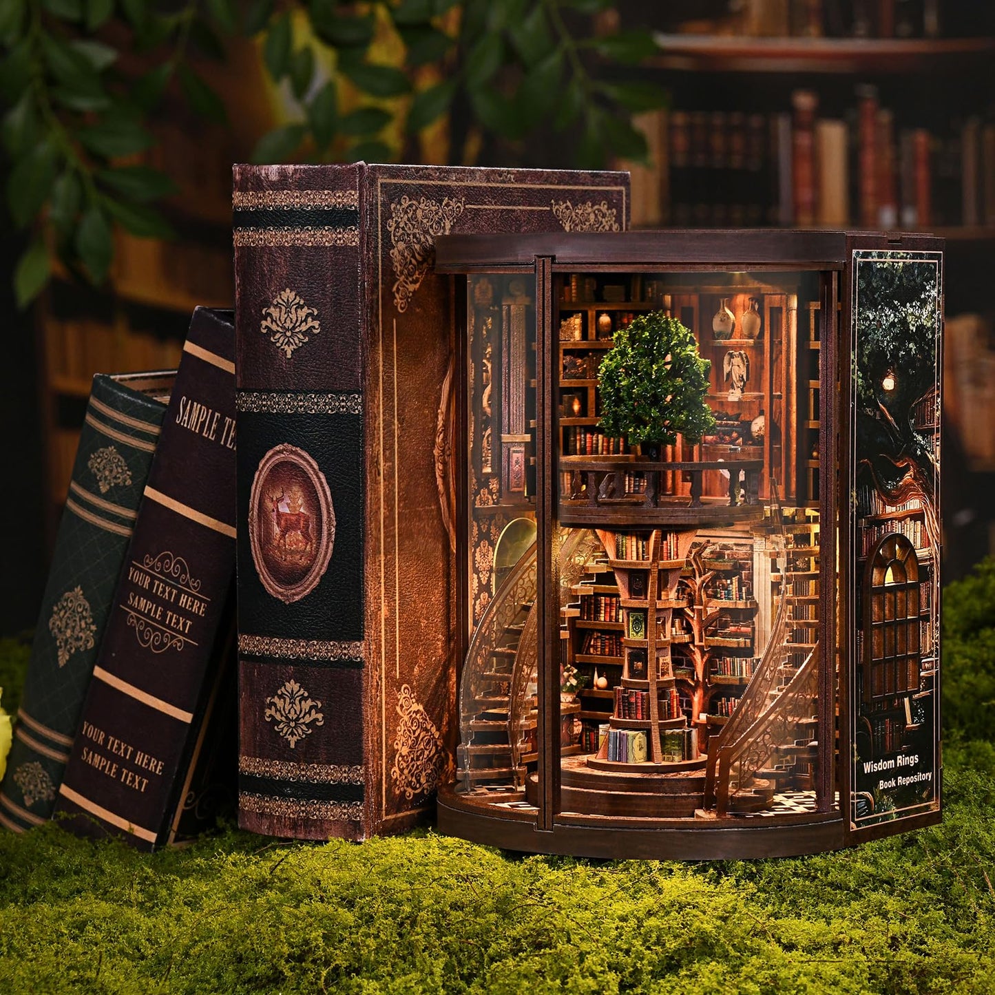 DIY Book Nook Kit with LED Light, Miniature Dollhouse, 3D Wooden Puzzle, Bookshelf Insert Decor Craft Gift (Wisdom Rings Book Repository)
