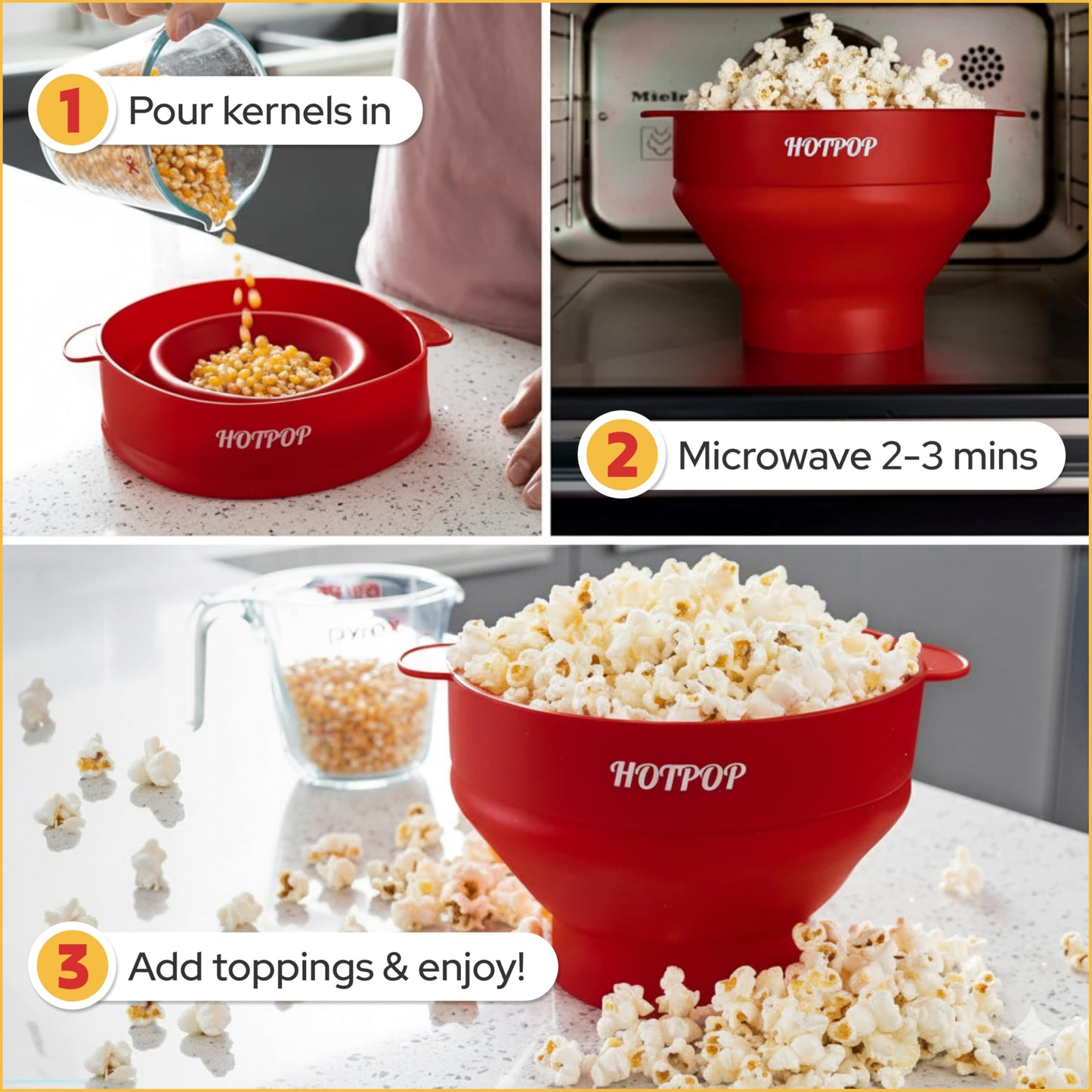 The Orginal HotPop Silicone Popcorn Maker - Microwave Popcorn Popper with Handles - Collapsible Bowl, Heat-Resistant, Easy to Clean, Ideal for Family Movie Nights, 15-Cup Capacity - Red