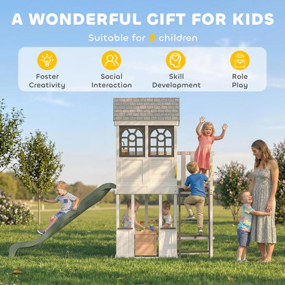 Qaba Two-Story Outdoor Wooden Playhouse for Kids with Slide, Picnic Table & Bench, Play Kitchen, Ladder, Lookout Platform for Age 2+ Backyard Play, White