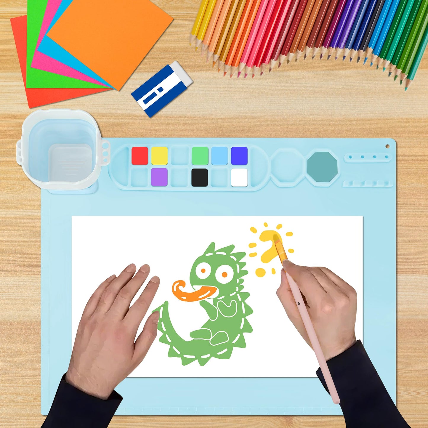 MEKOTRIN 2PCS Silicone Painting Mat, 20"X16" Art Mat with Cup and Palettes, Silicone Craft Mat has 16 Color Dividers, Paint Mat for Artist Clay DIY Creations(Blue+Green)
