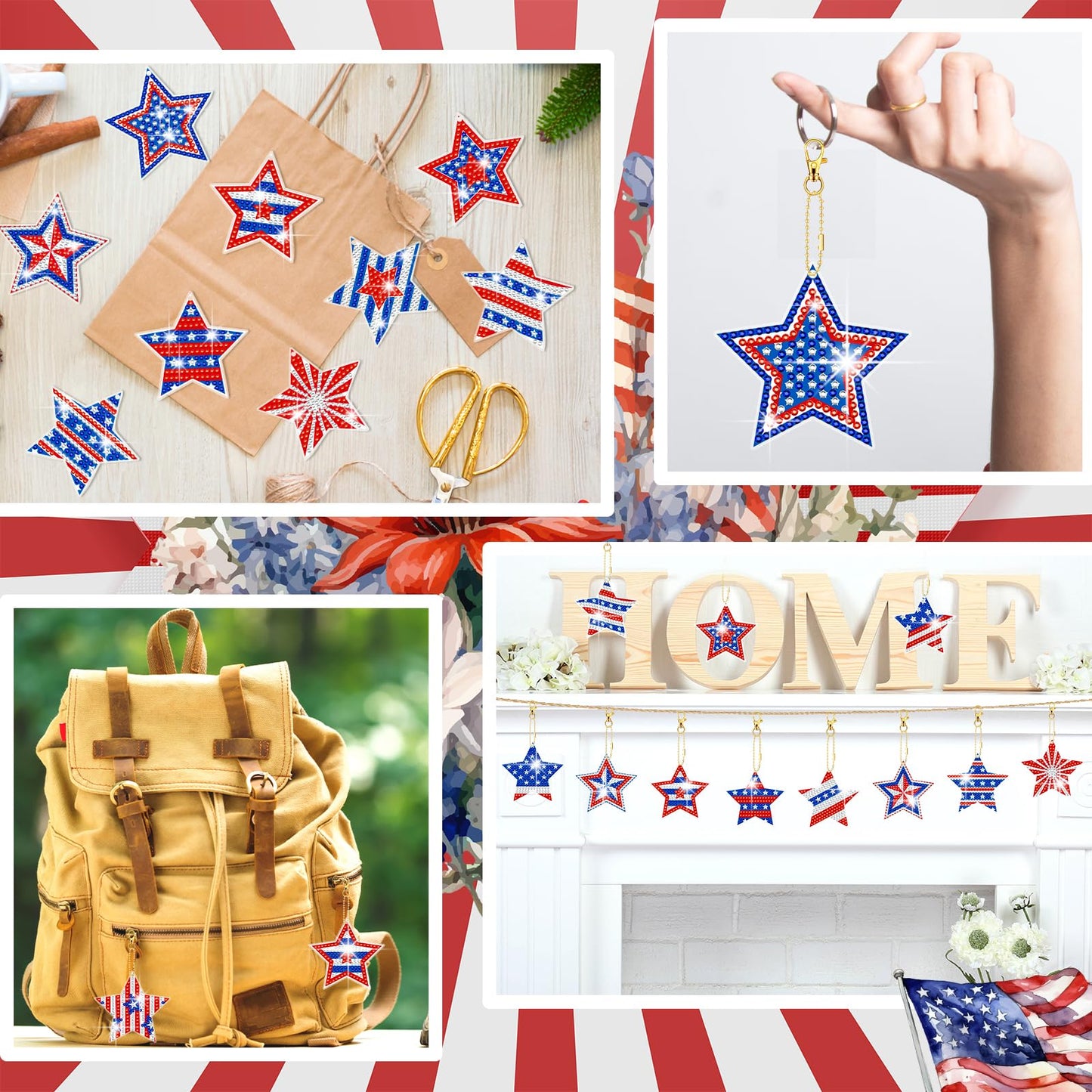 BBTO 15 Pcs 4th of July Star Diamond Art Keychains Patriotic Star Ornaments 250th Anniversary Memorial Day Painting Keychains Red White Blue Independence Day Diamond Art Kits for Kids Adults Crafts