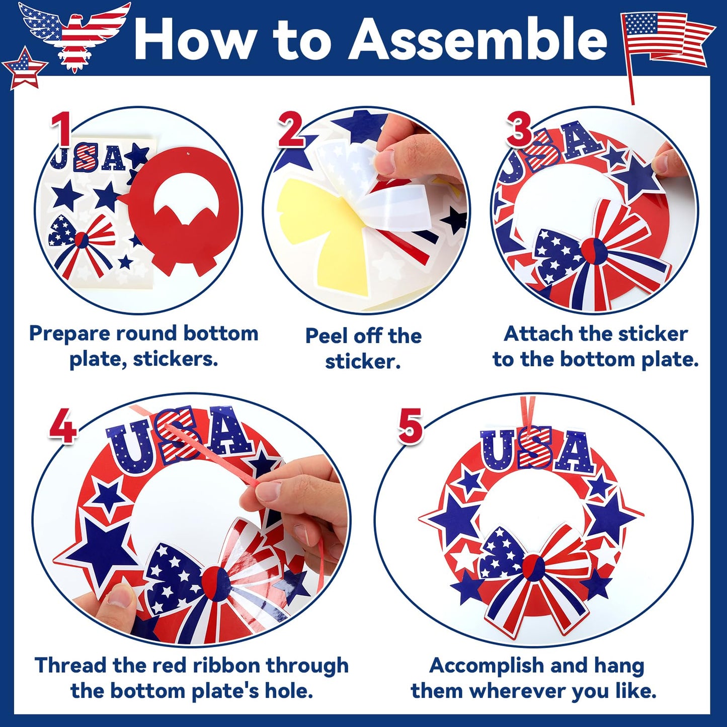 QOUBAI 36 Set Patriotic Wreath Craft Kit for DIY 4th of July Paper Crafts American Flag Stickers Hanging Ornament for Memorial Independence Day Art Activity Home Decor Supplies