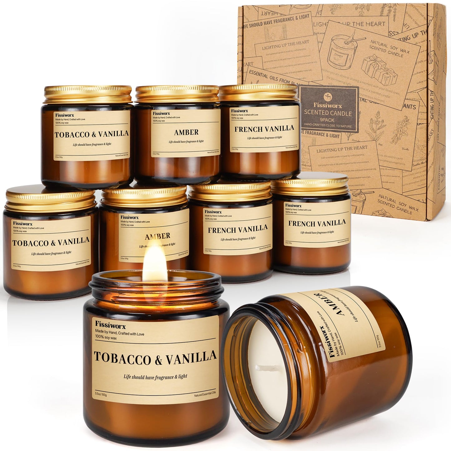 9 Pack Soy Candles for Home Scented |（Vanilla/Amber/French Vanilla） Long-Lasting 270 Hours, Natural Scented Candles Gift for Women & Men, Birthday, Mother’s Day, Christmas, Thanksgiving