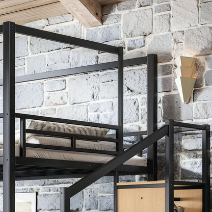Bellemave Queen Size Loft Bed with Stairs and Wardrobe,Heavy Duty Metal Loft Bed Frame with Canopy for for Kids,Teens,Adults,Natural Wood