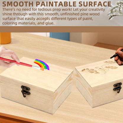 VIKOS Products Unfinished Unpainted Wooden Box with Hinged Lid for Crafts DIY Storage Jewelry Plain Pine Box - Small 6.7"x5.1"x3.1" - 2-Pack
