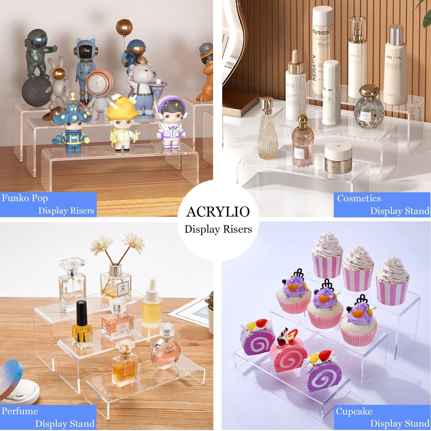 WEITELAI 6 PCS Clear Acrylic Display Risers, Acrylic Risers for Display, Transparent Rectangle Display Stand for Figures, Collectibles, Perfume, Jewelry, Desserts, Cosmetics