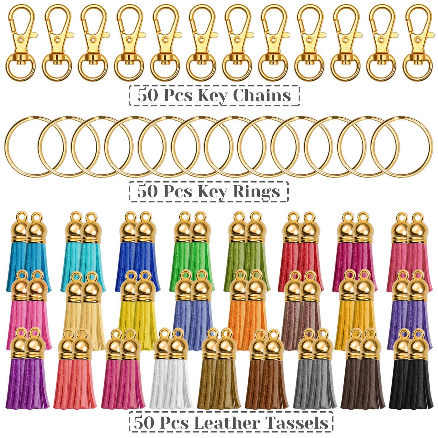 Anezus 100Pcs Craft Tassel Set - 50 Tassels, 25 Lobster Clasp Keychains, 25 Rings for Acrylic Keychains, Gold