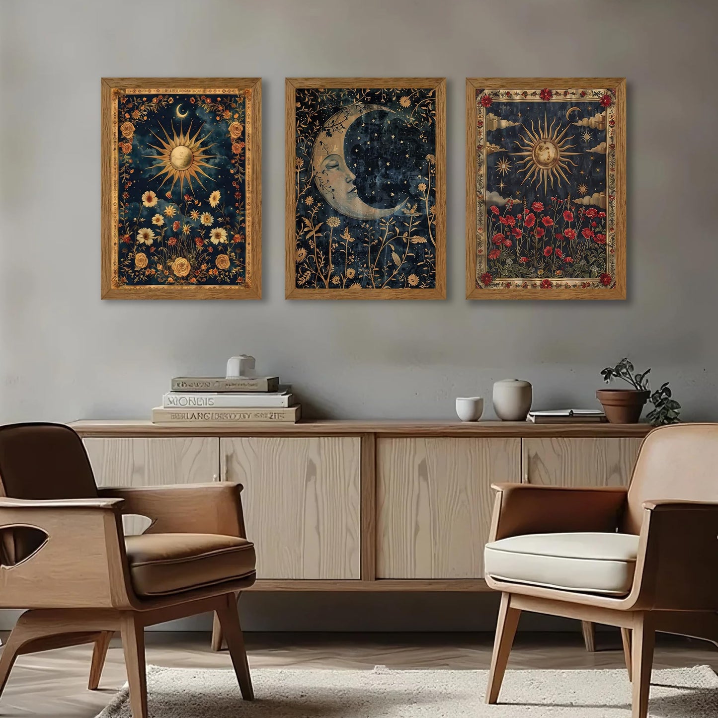 Palette Dreams Set of 3 Wood Framed Wall Art, Sun, Moon and Clouds Theme, Ready to Hang, Fade Resistant, Vibrant Art Prints for Bedroom, Living Room, Hallway, Home Office Decor, 12x16 Inches