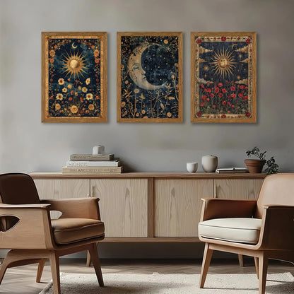 Palette Dreams Set of 3 Wood Framed Wall Art, Sun, Moon and Clouds Theme, Ready to Hang, Fade Resistant, Vibrant Art Prints for Bedroom, Living Room, Hallway, Home Office Decor, 12x16 Inches