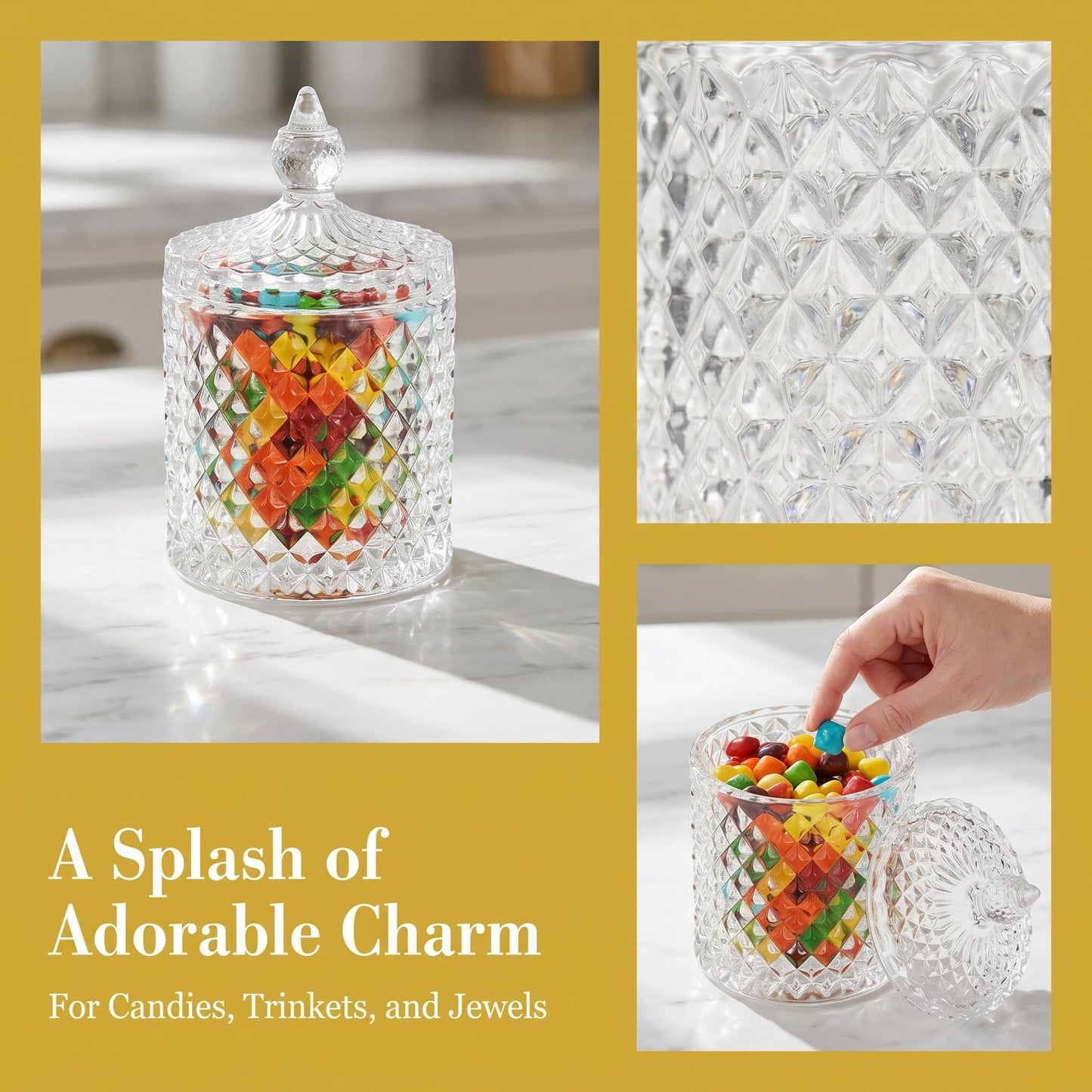 Hedume 4 Pack Crystal Diamond Faceted Jar with Crystal Lid, Glass Food Storage Organization Set Suitable as Candy Dish, Cookie Tin, Decorative Sugar Bowl (Diameter 3.3 Inch)