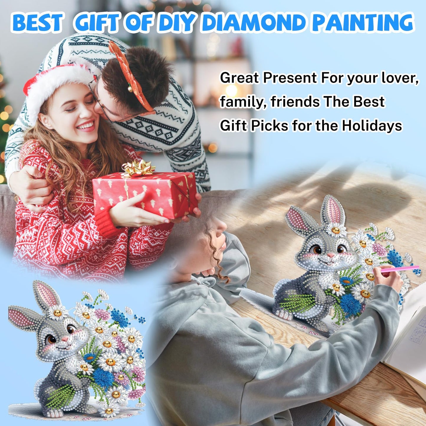 Bowetile Rabbit Diamond Art Hanging Kits for Adults, Diamond Art Suncatchers Bunny, 5D Special Shape Diamond Painting Flowers Pendant Window Ornament Easter Gifts for Home Wall Decor