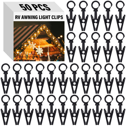 Beeveer 50 Pack Curtain Hooks with Clips RV Camper Awning Lights Clips 360° Trailer Stainless Steel Ring with Hangers for Camper Awning String Lights Photos Display Banner Party Decor(Black)