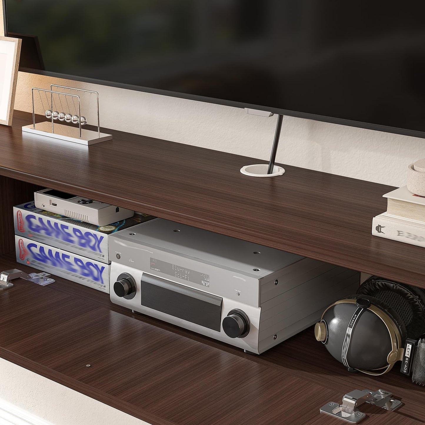 FloatiCasa 78inch Floating TV Stand, Plywood Wall Mounted Media Console with 1 Flip Down Door & 5 Open Shelves, Modern Floating Entertainment Center with Wire Management for Living Room, Walnut