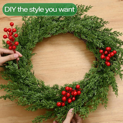 60 12.9" Waipfaru Pcs Christmas Artificial Pine Branches, Faux Evergreen Norfolk Pine with Red Berry Stems, Greenery