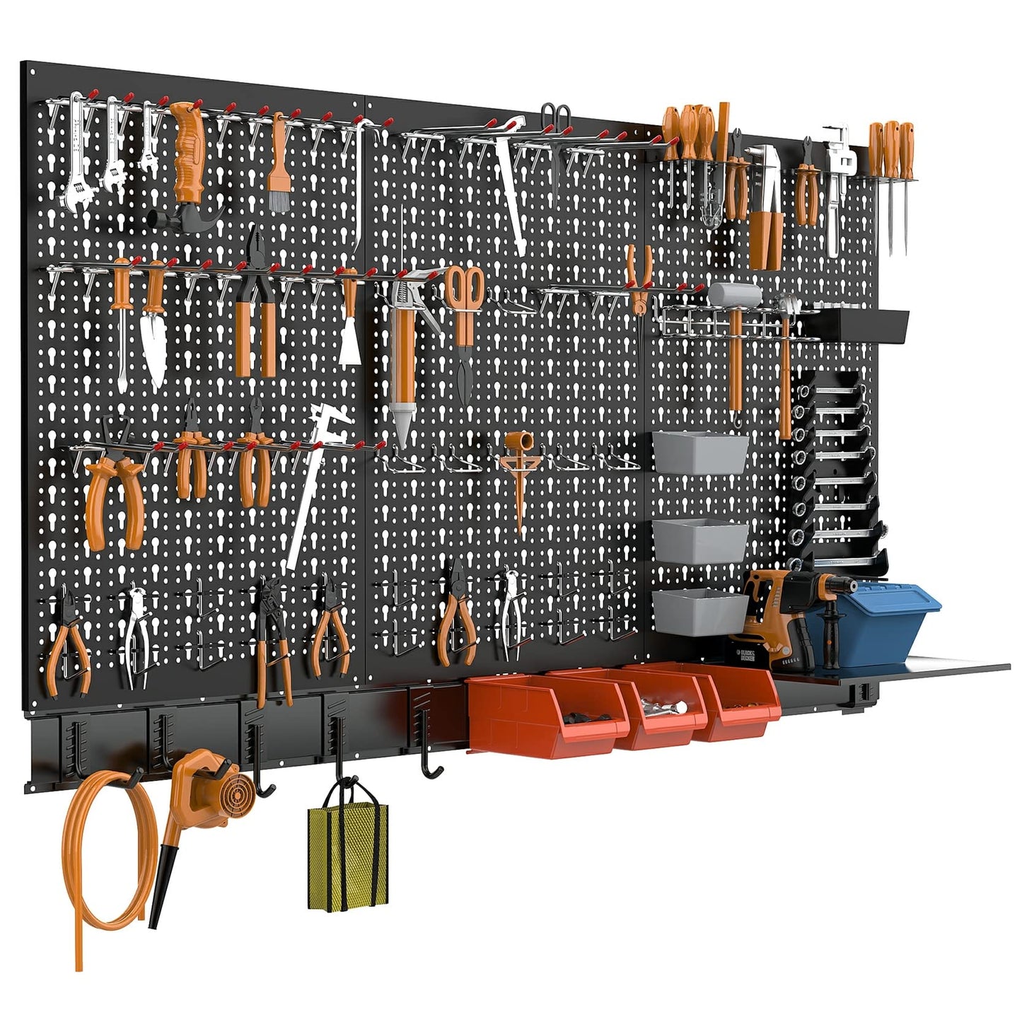 TORACK Metal Pegboard Wall Organizer System for Garage, 109 PCS Pegboard Accessories Tool Organizer Kit with Pegboard Bins, Hooks, Tool Storage Peg Board for Workbench(Black)