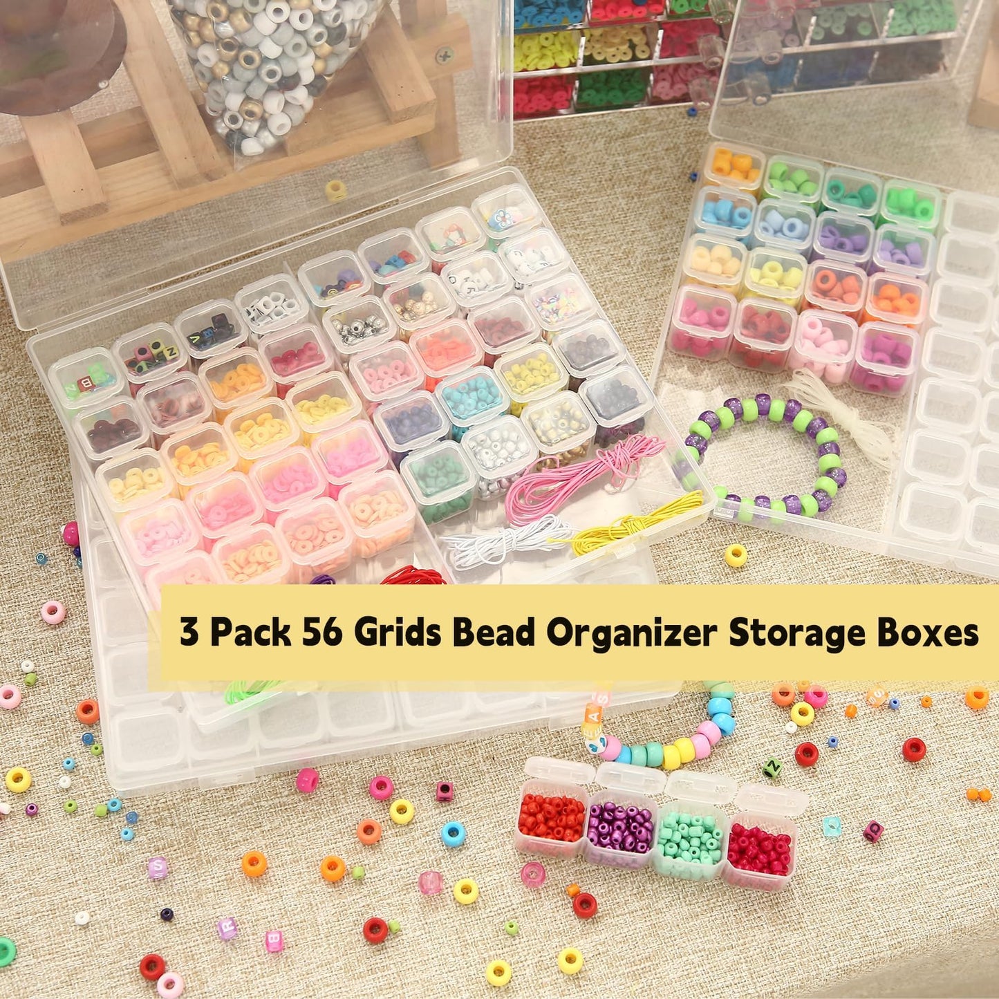 Megoogo 3 Pack 56 Grids Bead Organizer Storage Boxes, 168 Slots Diamond Art Painting Storage Containers with Movable Dividers, Clear Plastic Organizer Box with Labels for Crafts Supply Beads Buttons