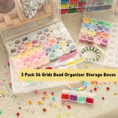 Megoogo 3 Pack 56 Grids Bead Organizer Storage Boxes, 168 Slots Diamond Art Painting Storage Containers with Movable Dividers, Clear Plastic Organizer Box with Labels for Crafts Supply Beads Buttons