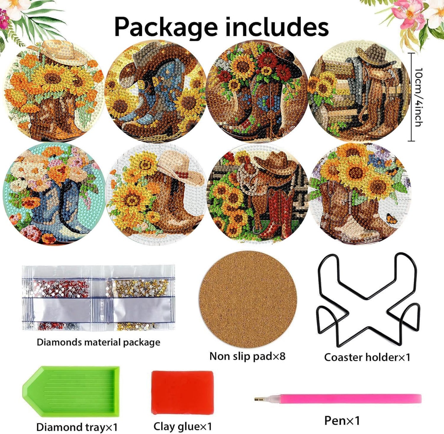 8 Pcs Diamond Art Coasters Kit for Adults, Cowboy Boots Flowers Diamond Painting Coasters with Holder Cork Pads, DIY Diamond Art Non Slip Coaster Crafts Kits for Adults Beginners Gifts