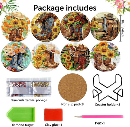 8 Pcs Diamond Art Coasters Kit for Adults, Cowboy Boots Flowers Diamond Painting Coasters with Holder Cork Pads, DIY Diamond Art Non Slip Coaster Crafts Kits for Adults Beginners Gifts