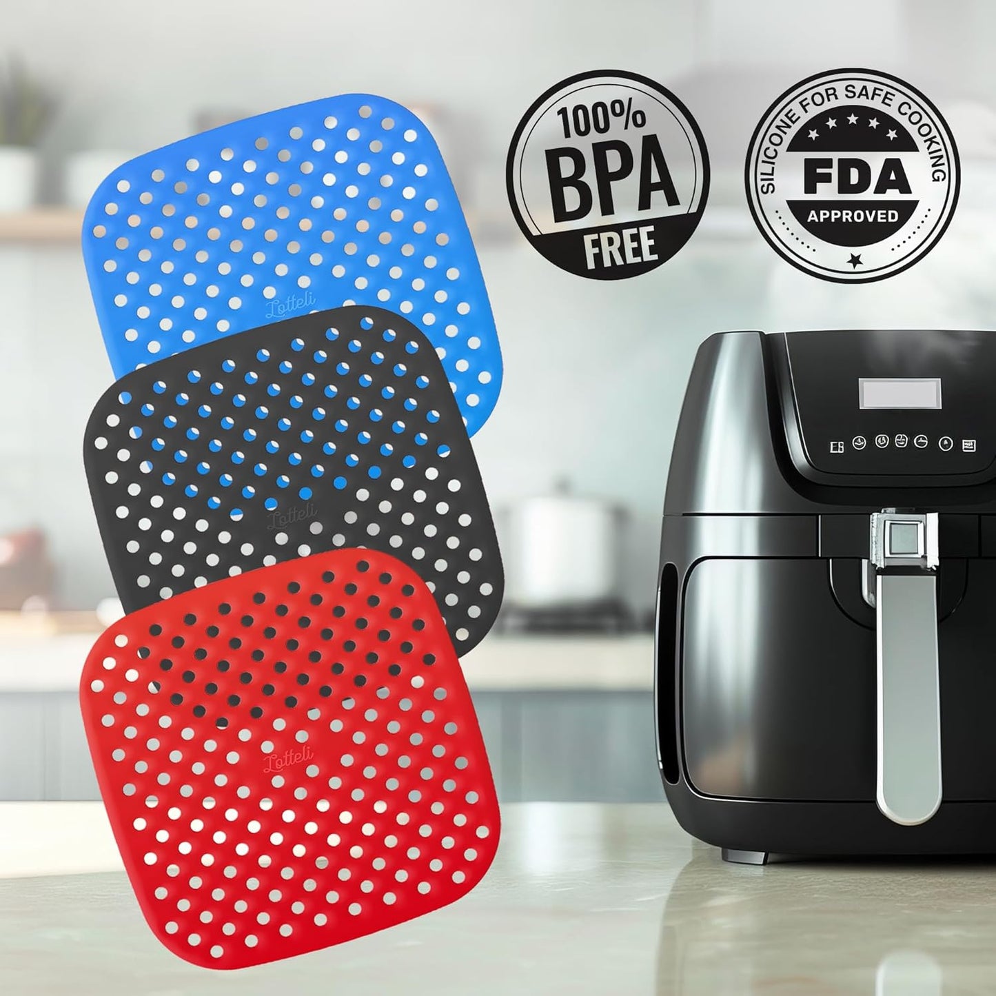 Reusable Air Fryer Liners 3 Pack, 7.5" Square Silicone for 3-5QT or Bigger, Easy to Clean Non-Stick Parchment