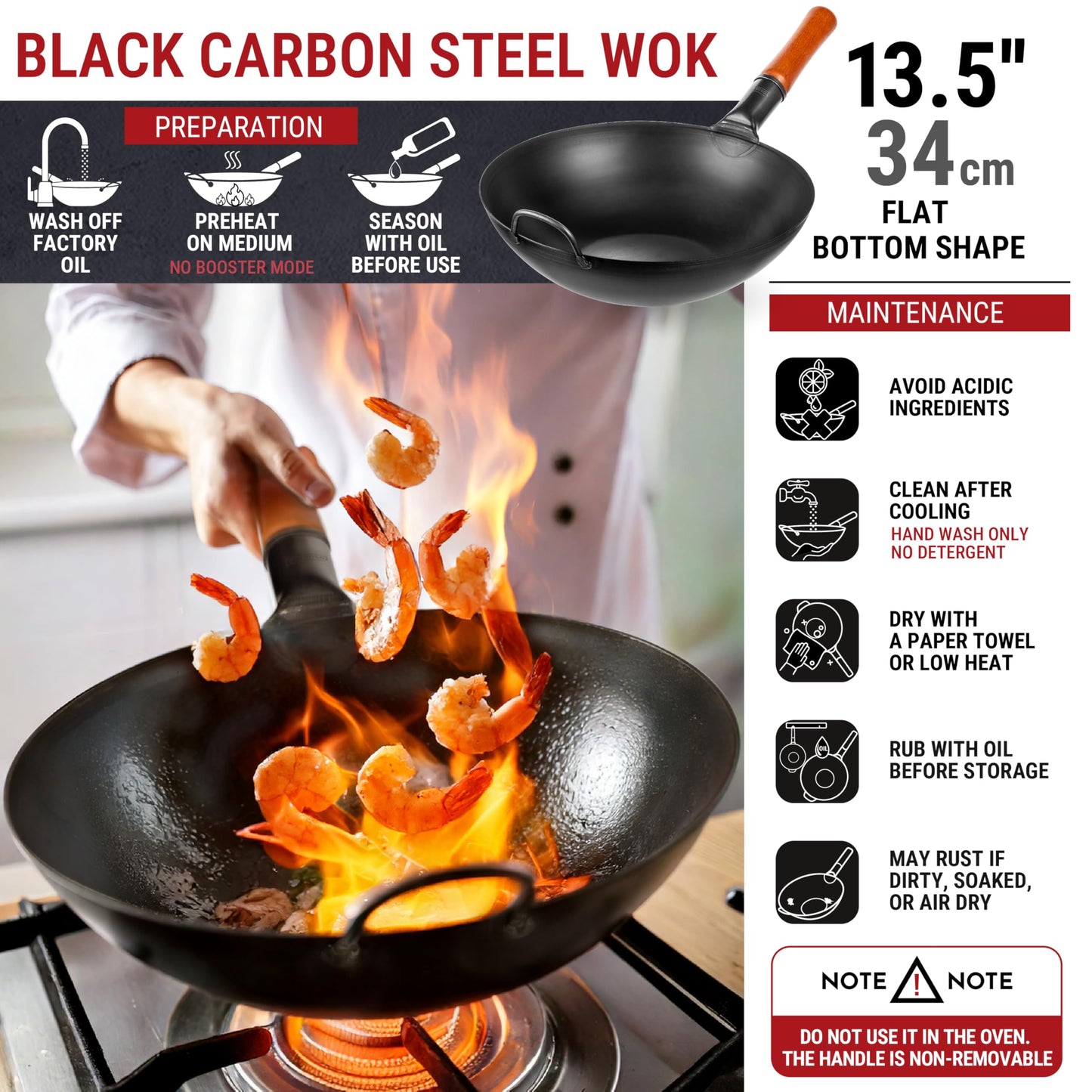 YOSUKATA 13.5" Carbon Steel Wok Pan – Pre-Seasoned Flat Bottom Pow Wok for Stir Fry, BBQ, Grill & Camping – Traditional Japanese Chinese Cookware – Compatible with Induction, Electric, Gas, Open Fire
