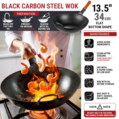 YOSUKATA 13.5" Carbon Steel Wok Pan – Pre-Seasoned Flat Bottom Pow Wok for Stir Fry, BBQ, Grill & Camping – Traditional Japanese Chinese Cookware – Compatible with Induction, Electric, Gas, Open Fire