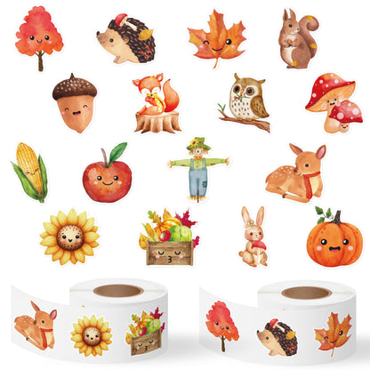 Haooryx Fall Watercolor Sticker Rolls - 1000pcs Fall-Theme Watercolor Pumpkin Maple Leaf Animal Stickers Self-Adhesive Waterproof Vinyl Thanksgiving Harvest Party Favor Page Activity Pad Card Making