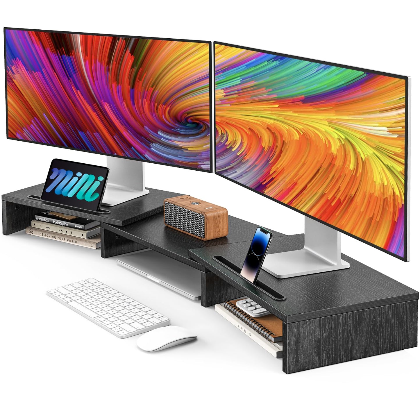 AMERIERGO Dual Monitor Stand Riser for 2 Monitors, Monitor Stand for Desk, Adjustable Computer Monitor Stand with 2 Slot, Multifunctional Desktop Organizer Stand for Laptop, PC, Computer, Printer